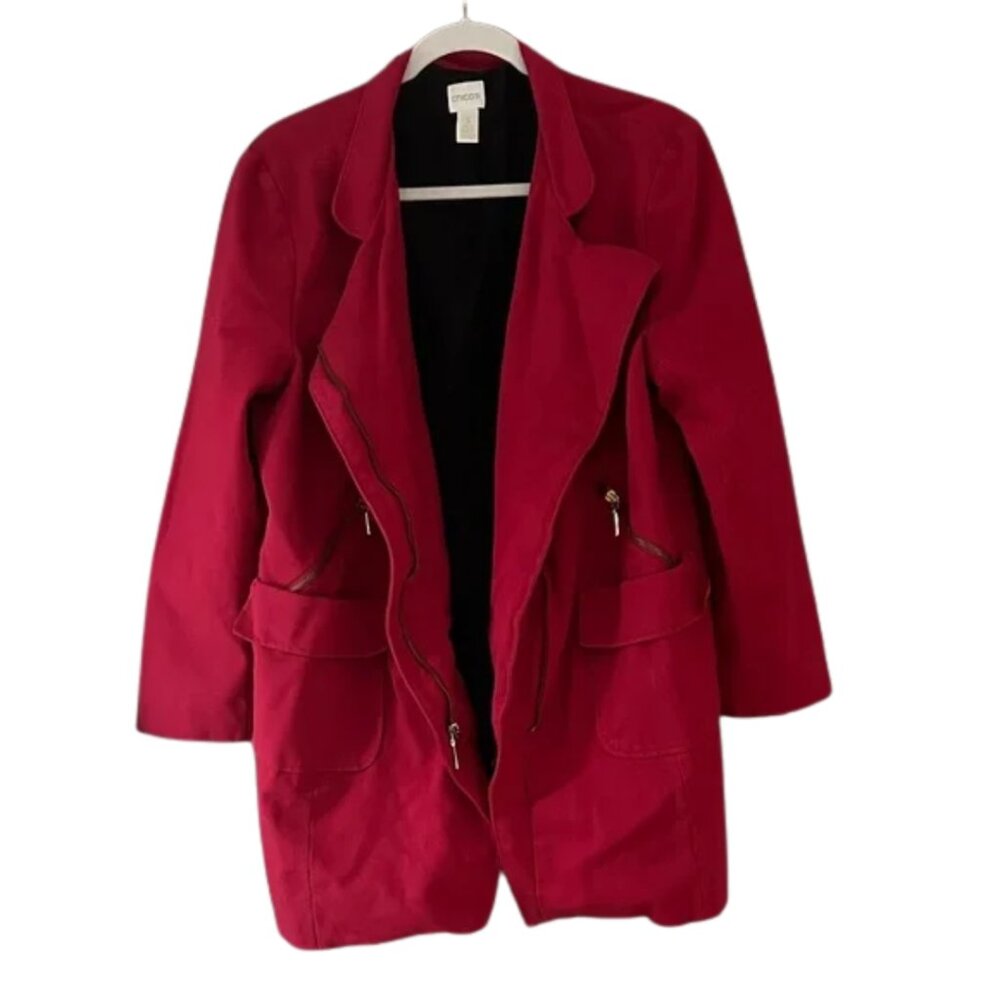 Chico’s Red Zip Front Trench Coat Jacket – Women’s Long Sleeve Statement Coat